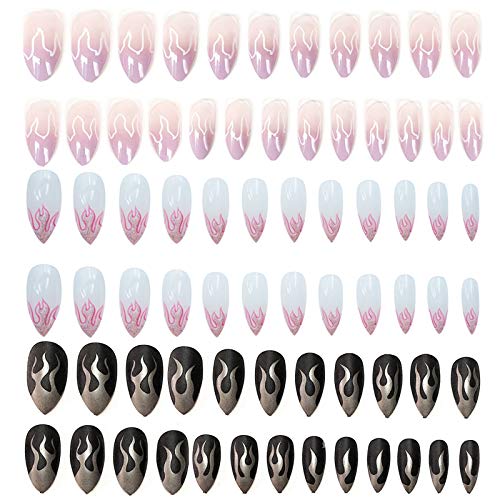 72pcs Flame Fire Fake Nails Glossy Matte Stiletto Almond and Coffin Press on False Nail Tips Red Fluorescent Green Artificial Nails Art Manicure for Cosplay Party Halloween…