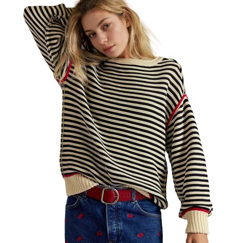 Hixiaohe Oversized Sweaters for Women Striped Cute Knit Sweater Long Sleeve Crew Neck Pullover Tops Trendy Loose Fit Clothes