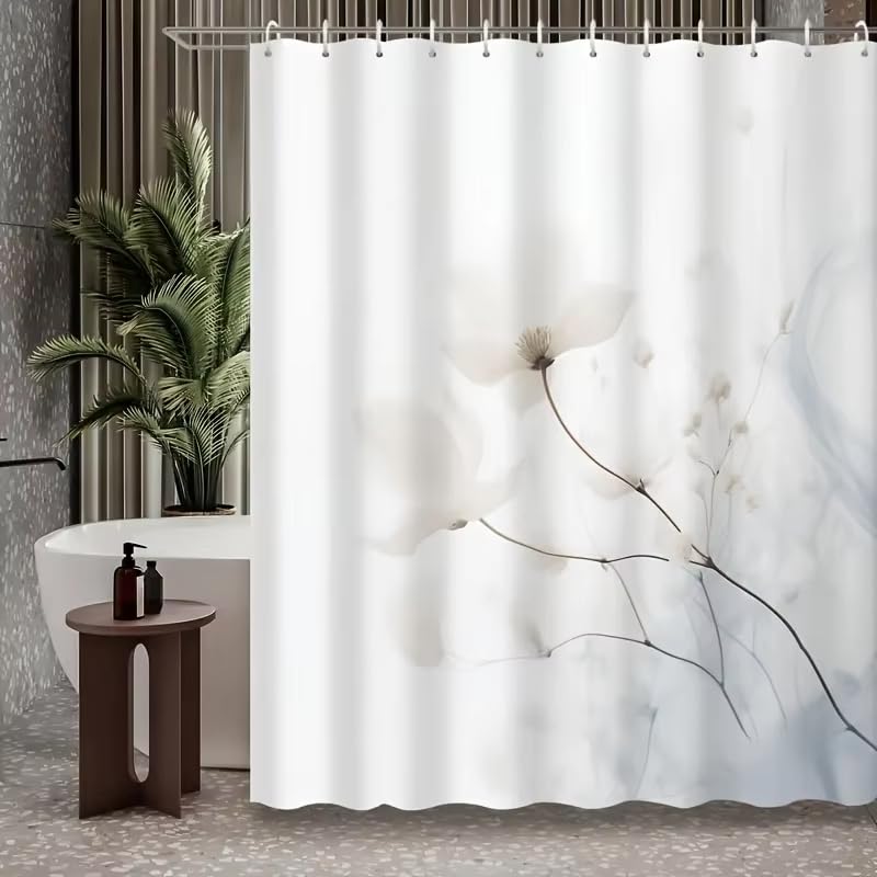 Cortina de Ducha con Estampado Floral Blanco, poliéster, Lavable a máquina, Gancho Incluido, Elegante decoración para el baño (70 x 140 cm/Impermeable)