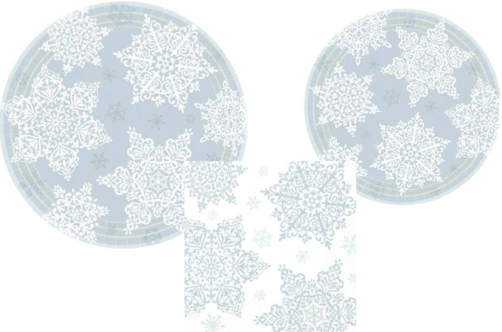 Winter Holiday Snowflake Plates & Napkins Party Supply Kit: Big Party Bundle Includes Paper Dinner Plates, Dessert Plates And Napkins For Up To 60 Guests In A Silver And White Shining