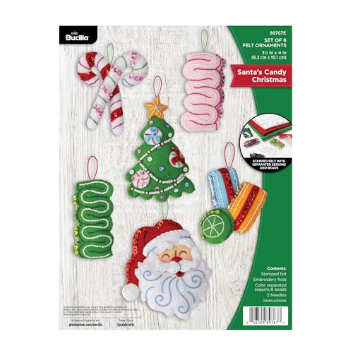 Image of Bucilla Felt Applique 6 Piece Ornament Making Kit, Santa's Candy Christmas, Perfect for DIY Arts and Crafts