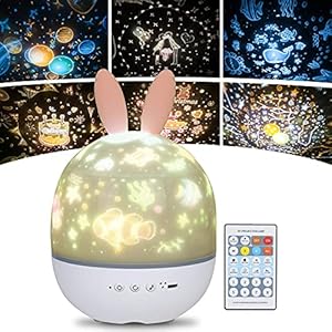 URAQT Luce Notturna Proiettore, Luci Notte per Bambini, 360°Rotazione Musicale Lampada Proiettore Stelle con lo Schermo a Led e Telecomando, Coniglio Luce Notturna per Neonati/Bambini