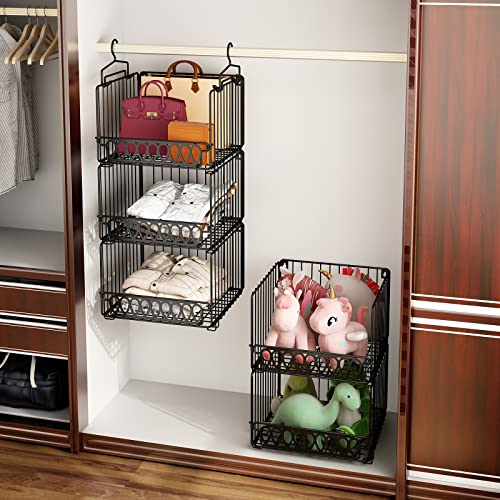 Gillas 3 - Tier Closet Hanging Organizer, Clothes Hanging Shelves With Hooks, Stackable Storage Bins Foldable Closet Organizers For Clothing, Handbag, Toys, Black #TOP2