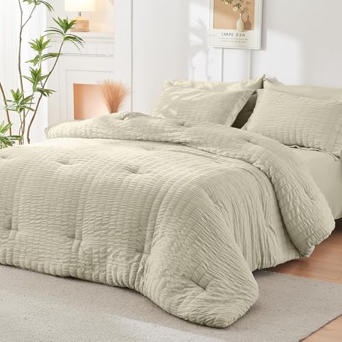 Image of HYMOKEGE Light Linen Full Size Comforter Sets Seersucker 7 Pieces, All Season Luxury Bed in a Bag for Bedroom, Bedding Set with Comforter, Sheets, Pillowcases & Shams