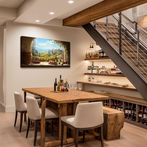 crmotu Faux Window Large Wall Art, Italian Wine Country Landscape Art Prints, Vineyard Picture Kitchen Wall Decor, Sunlit Rustic Grape Fields Paintings for Dining Room Hallway Basement 24x48 Inch