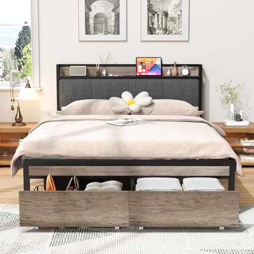 Full Size Bed Frame with 2 Drawers, Full Bed Frame with Upholstered Headboard and Charging Station, 2 USB Ports & 2 Power Outlets, Noise-Free, Black and Grey