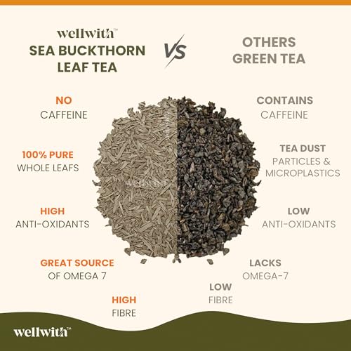 Image of Wellwith (Ayuzera) Sea Buckthorn Raw Leaves Tea | Himalayan Herbal Leaf Tea | Good for Skin, Immunity & Detox | Pure & Natural | 50g (Pack of 1)