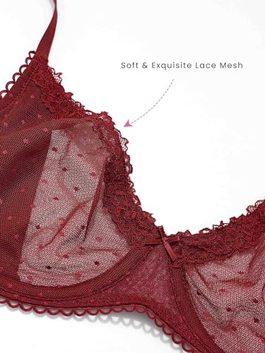 Image of DOBREVA Women's Sheer Mesh Demi Bra Underwire Balconette | Dotted Mesh, Lace Trim, See Through, Plus Size, Smooth, Soft