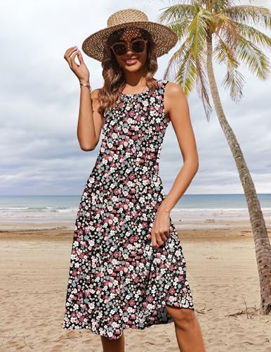 Image of HOTOUCH Summer Casual Dresses for Women Sleeveless Midi Dress Swing Tank Sundress Pleated Tshirt Dress with Pockets