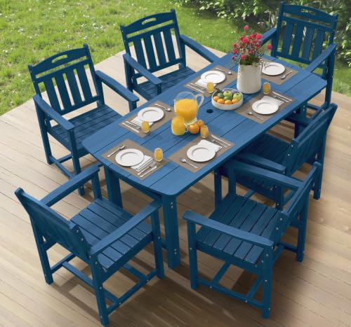 Image of Ciokea HDPE Outdoor Dining Set of 6, Patio Table and Chairs Sets, Navy Blue