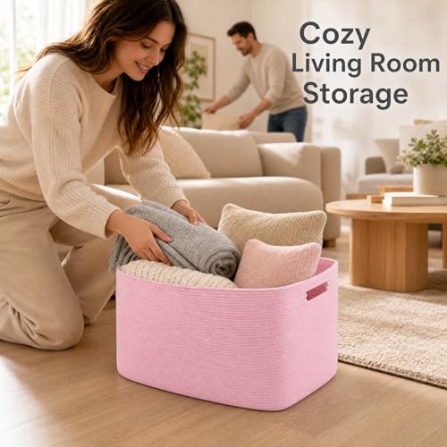 Image of Cotton Rope Laundry Basket Extra Large, 25.4GAL Collapsible Woven Storage Baskets for Living Room Kids Toys Stuffed Animal,Boho Rectangular Decorative Hamper for Dirty Clothes, Blankets Light Pink