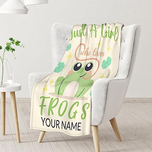 Personalized Frog Blanket Gifts with Name - 50x60 Inches Cute Throw for Girls - Green Soft Fuzzy Blankets for Bed, Couch & Living Room