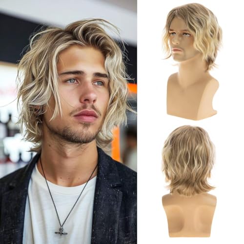 Peruca de cabelo curto loiro para homens peruca natural, encaracolado e fofo peruca sintética cosplay substitui peruca para homens