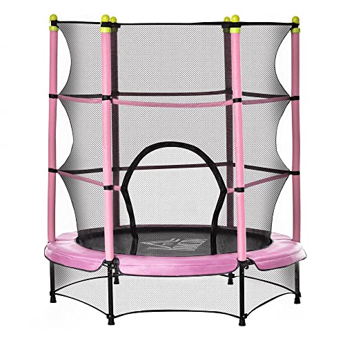 HOMCOM Trampolín para Niños de +3 Años Ø108 cm Cama Elástica de Salto Infantil con Red de Seguridad y Marco Acero para Interiores y Exteriores Carga 45 kg Rosa