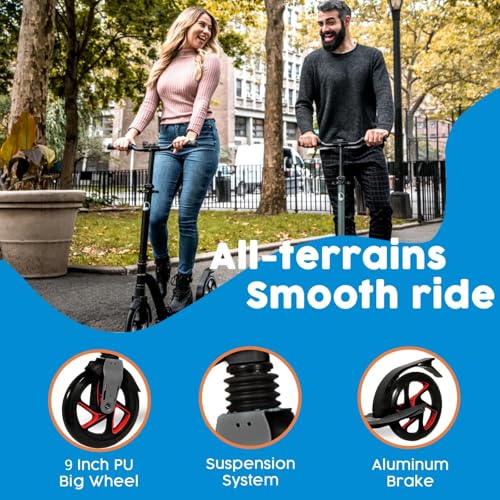 Image of LaScoota Kick Scooter for Kids Ages 6+, Teens & Adults, Large 8 inch Sturdy Urethane Wheels. Adjustable Handlebar, Lightweight, Foldable, 220lbs Max Load