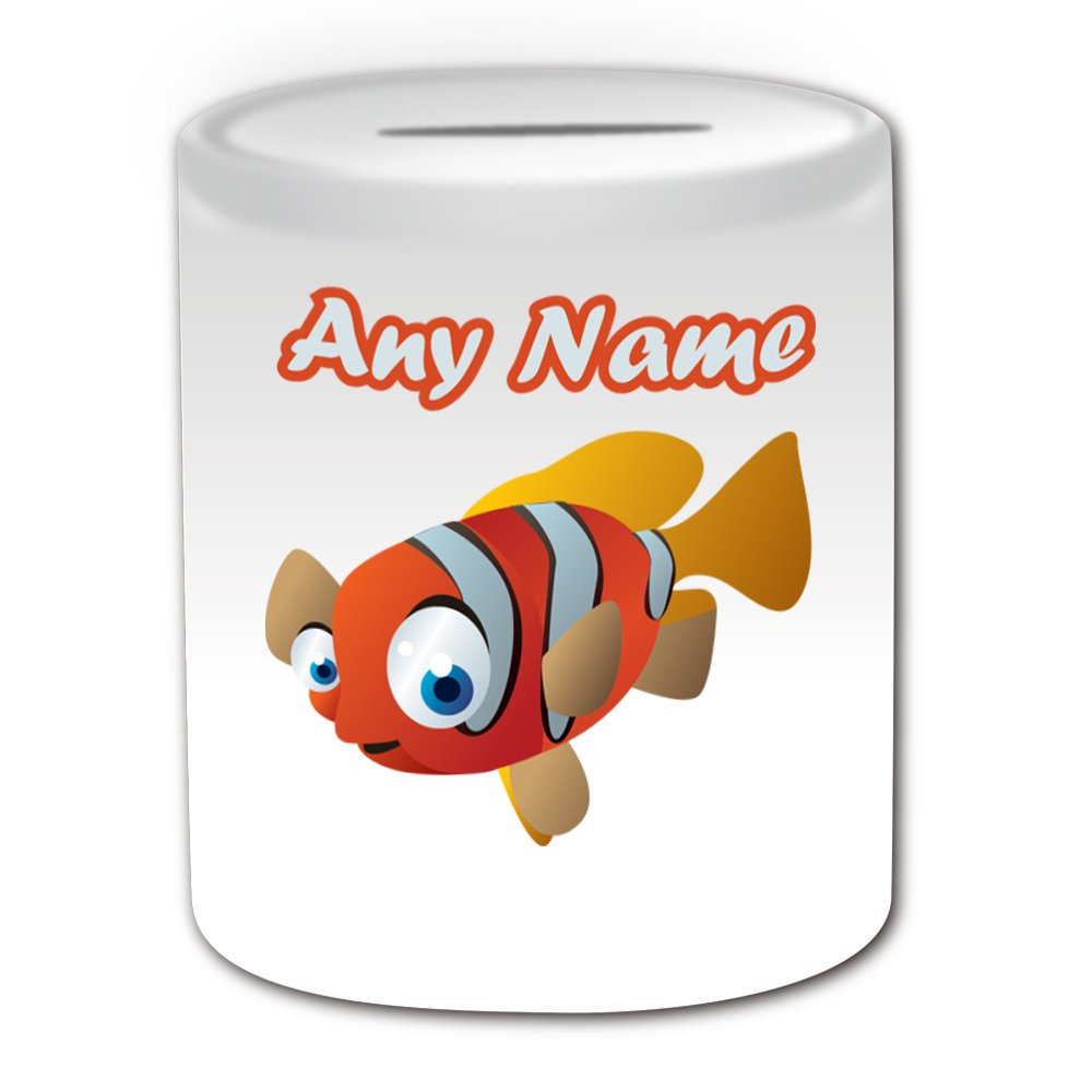 Unigift White Personalised Gift - Big-Eye Clownfish Money Box (Animal Sealife Design Theme, ) - Any Name/Message On Your Unique - Piggy Bank Saving Jar Pot - Amphiprioninae Anemonefish Clown Fish - Nemo