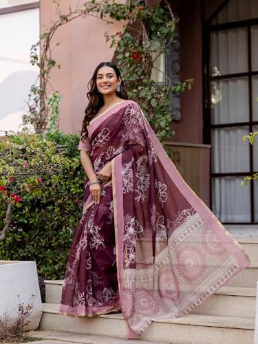 Image of SIRIL Women's Printed Cotton Linen One Minute Ready to Wear Saree With Unstitched Blouse Piece