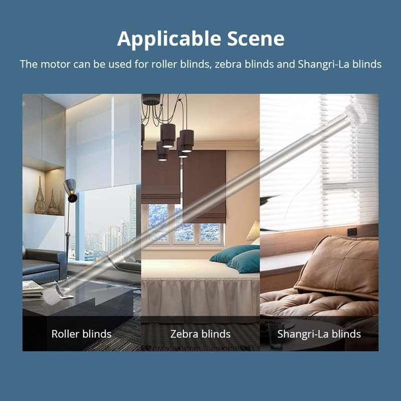 Image showing various types of blinds compatible with the motor: roller blinds, zebra blinds, and Shangri-La blinds.