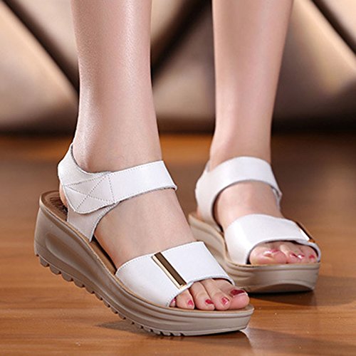 Women's Summer Leather Open Peep Toe Platform Wedges Sandals Comfortable Mary Jane Shoes (White, Adult, Women, Numeric_8_Point_5, Numeric, Us_Footwear_Size_System, Medium) #TOP2