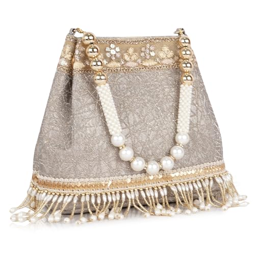 Image of Nevis PU Silk Fabric Women's Embellished Potli Bag with Pearl Handle & Fringe Detailing | Designe Wedding & Festive Handbag