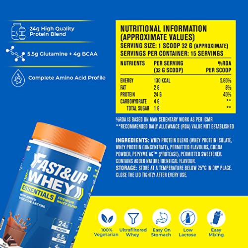 Image of FAST&UP Essentials Whey Protein Isolate Blend (Rich Chocolate Flavour), 15 Servings, 24g Protein, 5.5g BCAA, 4g Glutamine (1.06 Lbs, 480 Gms)