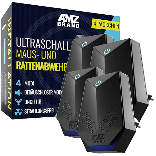 AMZ BRAND Ultraschall-Mäuseabwehr 4er Pack - Rattenabwehr - 4 Arbeitsmodi - Leiser Modus - Nicht-Toxisch - Wirksam Gegen Mäuse und Ratten - Strahlungsfrei