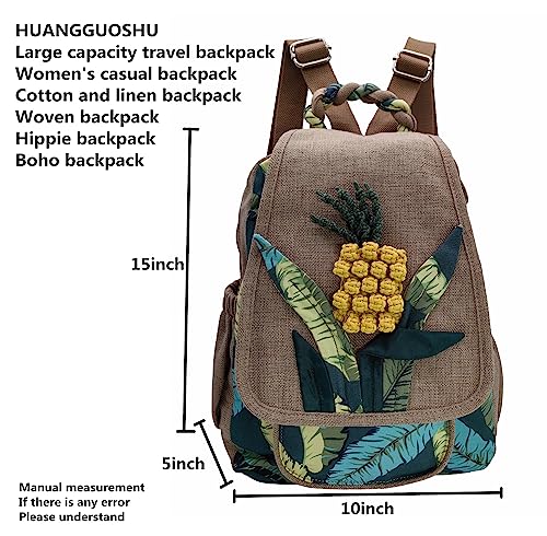 Image of Womens Cotton Hemp Cloth Backpack Boho Vintage Embroidered Casual Purse Handbags Messenger Bag Pineapple