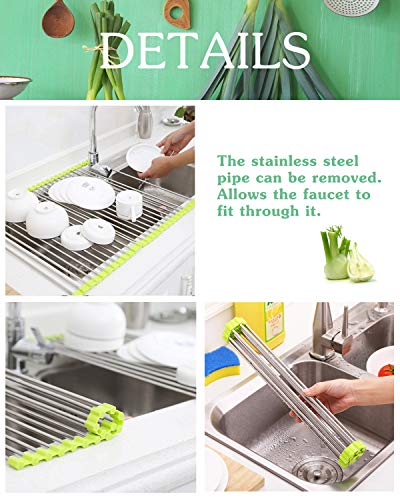 Image of Dish Drying Rack Large Stainless Steel Over the Sink Folding Roll-Up Dish Draining Rack 2 Pcs (green)
