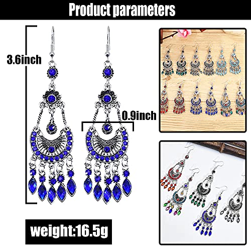 Vintage Crystal Fan Drop Earrings Bohemian Rhinestone Moon Shape Long Tassel Dangling Statement Earring For Women Girls Fashion Jewelry Accessories Gift (Royal Blue) #TOP3