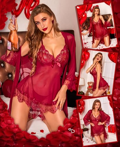 Image of RSLOVE Women Sexy Lingerie Set 3 Piece Babydoll & Lace Kimono Robe Strap Chemise Sleepwear Mesh Nightgown