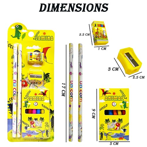 Image of PARTEET Cartoon Theme Stationery Gift Set with 2 Pencils, Sharpener, Eraser and 6 Color Pencils, Complete School Supplies |Birthday Return Gifts for Kids (Pack of 5)
