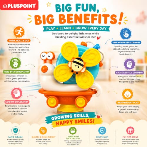 Image of PLUSPOINT Snail-Shaped Friction Powered Spinner Toy for Babies & Toddlers | Colorful Suction Cup Spinner for Window & Bath | Sensory Montessori Activity Toy for Fine Motor Skills