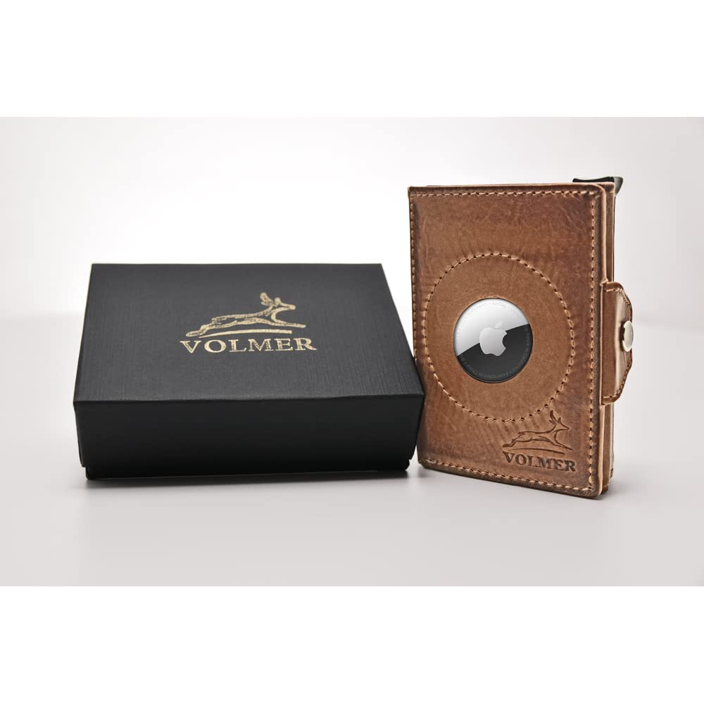 Fa.Volmer ® Echt-Leder AirTag Kartenetui mit Münzfach - max. 12 Karten - RFID Schutz - Herren & Damen | Geldbörse VO34 (Antique Brown)