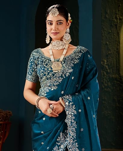 Image of DHARMEE Women's Silk Saree with Embroidered Blouse Piece, Traditional Parte Wear with Gold Border and Hand Work Lace Embellished, Solid /Plain, Applique, Woven, Bollywood Jimmy Jimmy, Satin Saree