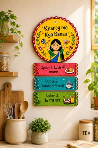 Image of Dakshestry Artworks Funny Hindi Quote Kitchen Wall Hanging | Wooden Kitchen Decor Sign Board | inchKhaney Me Kya Banau inch Wall Art for Dining Room, Cafe, Restaurant & Indian Home Decoration