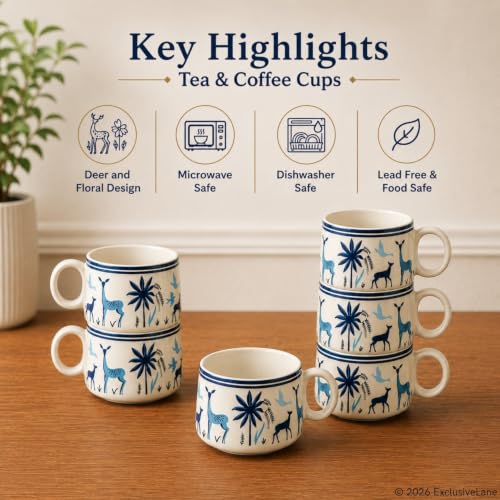 Image of ExclusiveLane 'Deer & Floral' Ceramic Tea Cups Set of 6 for Tea Cups Ceramic (Set of 6, 150 ml, Microwave Safe, White & Blue)| Coffee Cup Set Ceramic Cups for Tea Cup Chai Cups Drinkware