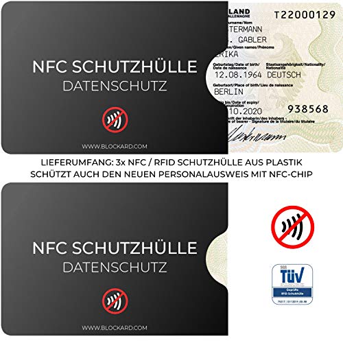BLOCKARD TÜV geprüfte NFC Schutzhülle (3 Stück) aus Kunststoff für Kreditkarte Personalausweis EC-Karte Bankkarte 100% NFC-Schutz Kreditkarten Schutz-Hülle RFID-Blocker abgeschirmt