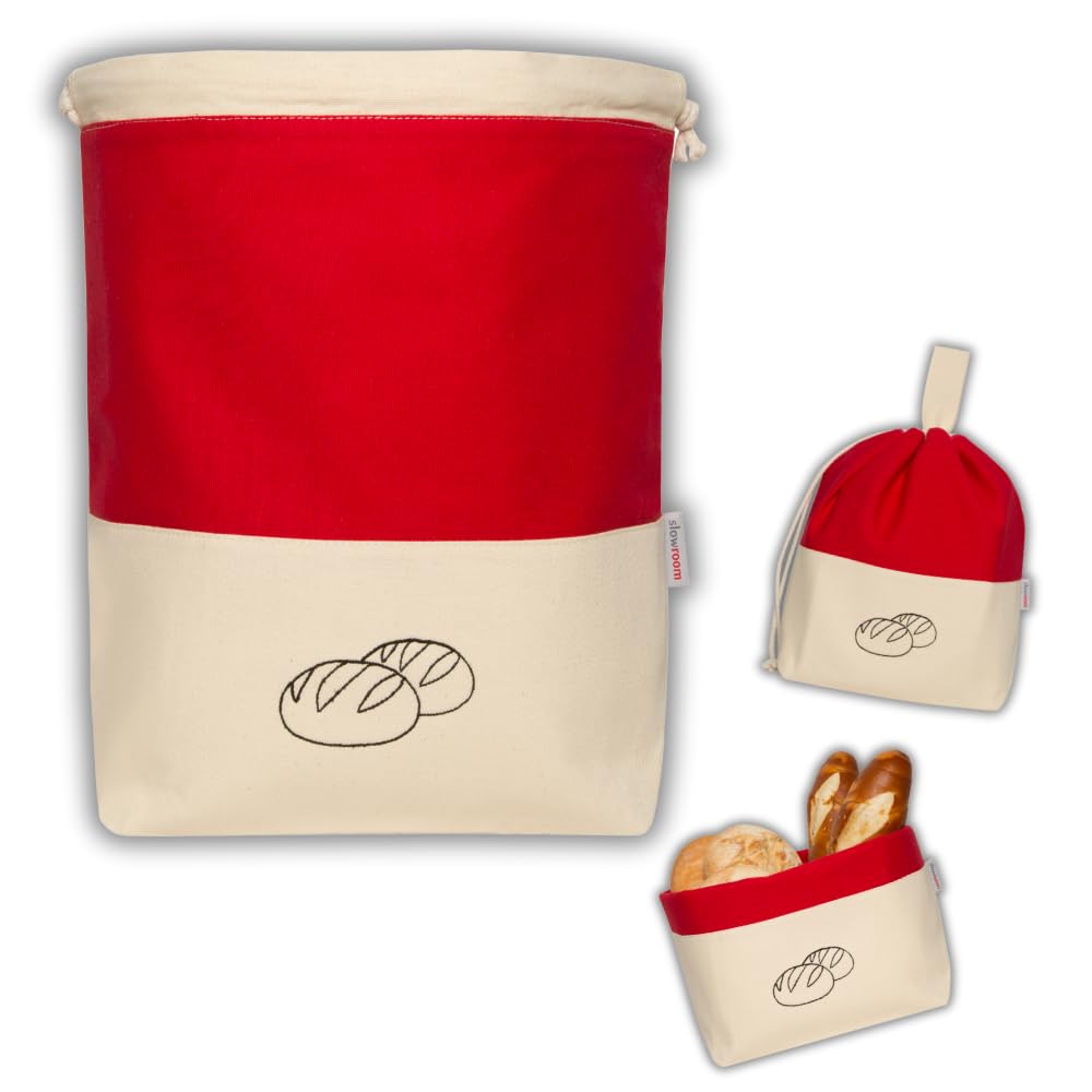 slowroom Brotbeutel zur Brotaufbewahrung und Frischhalten 3 in 1 - Brotkorb Stoff  - Brottasche aus Baumwolle - Brotkasten 32 x 35 cm, Rot