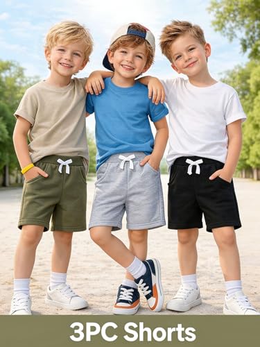 Image of HILEELANG Boys Sweat Shorts 3 Pack, French Terry Cotton Pull On Shorts with Pockets for Toddler Little Boys 2-7Y