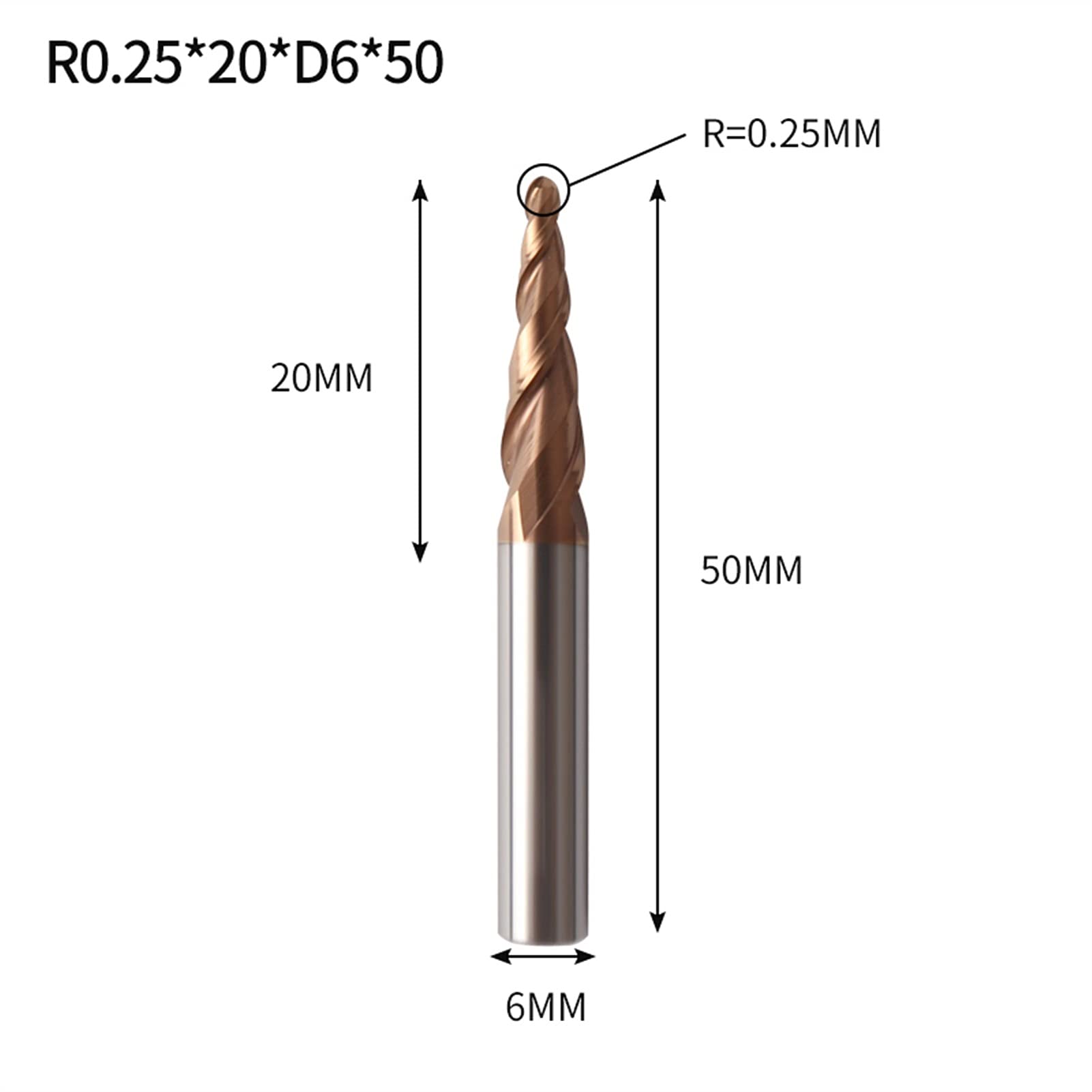 SUOFEILAIMU-PHONE CASE Metal Tungsten Ball Nose Tapered End Mill Router Bit CNC Wood Milling Cutter 4mm 6mm (Cutting Edge Length : R0.25X20XD6X50L)