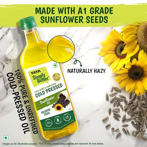 Image of Tata Simply Better Pure & Unrefined Cold Pressed Sunflower Oil, Hexane Free, Kolhu /Chekku, Cholesterol Free, Provides 6 Omega 6 PUFA, Contains Natural Antioxidants, For All types of Cuisines, 1L