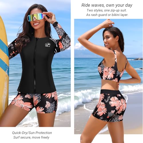 Holipick Long Sleeve Swimsuits for Women - 3 Piece Rash Guard with Shorts Zipper SPF Swim Shirt with Built in Bra4