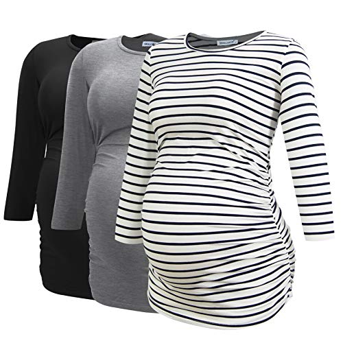 Smallshow Maternity Tops for Women 3/4 Sleeve Ruched Pregnant Clothes 3-Pack,Black/Grey/White Stripe,M Smallshow Maternity Tops for Women 3/4 Sleeve Ruched Pregnant Clothes 3-Pack,Black/Grey/White Stripe,M