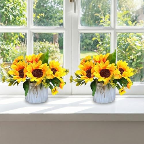 Image of Dekorly Artificial Lavender Plant in White Pot, 18cm - Realistic Faux Flower Arrangement for Home & Office Decor (Set of 1) (2, Sunflower)