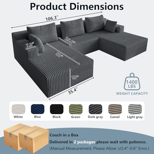Image of 107 inch W Boneless Cloud Sectional Couch Modular Sofa with Ottoman