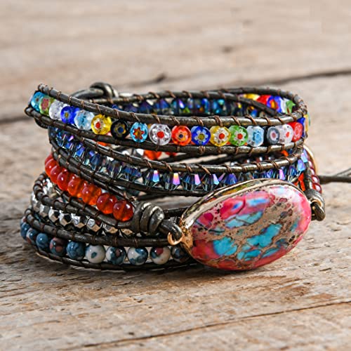 Image of YGLINE Boho Handmade Natural Stone Wrap Bracelets Jasper Crystal Beads Bracelet Jewelry