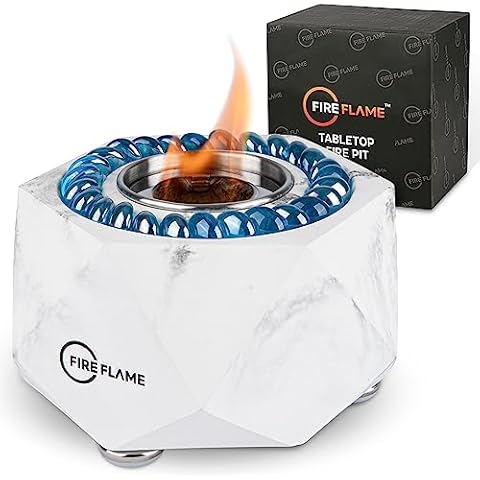 Fireflame Tabletop Fire Pit Bowl - Portable Concrete Mini Personal Fireplace Table top Firepit, Indoor Outdoor Decor & Smores Maker - Isopropyl/Bio Ethanol Fuel Cover