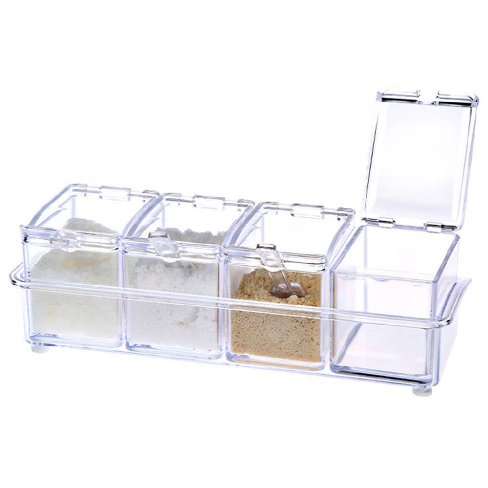 Caja de condimentos transparente de 4 piezas, vinagre con tapa y cuchara, condimentos para azúcar, sal, pimienta y otras especias 8