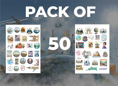 Image of LERITO Travel 2.0 Vinyl Stickers, Multicolor, 50 Pack, Waterproof Self Adhesive Decals for Laptop, Journal, Guitar, Mobile Phone