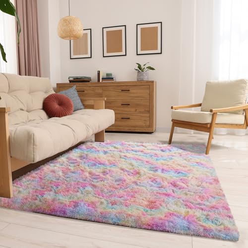 ZOETOOL Bunte Teppiche fürs Schlafzimmer, 1.5 x 2.4 m waschbare weiche Zottelteppiche, Klassische Batik-Regenbogenteppiche, Rutschfester Plüschteppich für Wohnzimmer, Kinderzimmer, Spielzimmer
